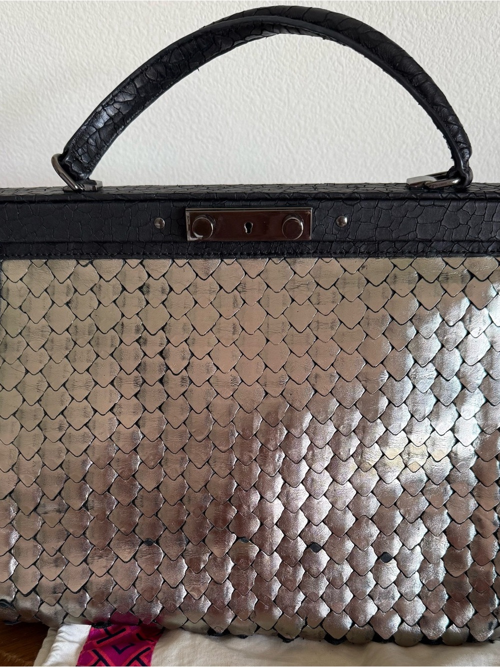 Tory Burch Metallic gunmetal/ black Woven Satchel with Black Handle